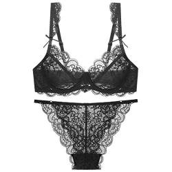 BaronHong Damen Sexy Dessous-Set aus weicher Spitze Durchsichtige Unterwäsche Blumenspitze Bügel-Set mit transparentem BH und Slip (schwarz, 95D) von BaronHong