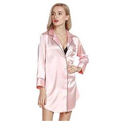 BaronHong Frauen Schlaf Shirt Satin Seide Pyjama Plus Size Langarm Nachthemd (pink, L) von BaronHong