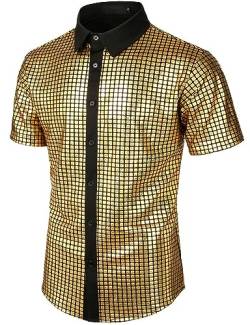 BaronHong Herren-Hemd mit 70er-Jahre-Disco-Kostüm, Silberne Pailletten, kurzärmelig, Button-Down-Hemd (gelb, 2XL) von BaronHong