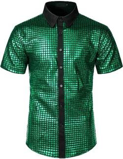 BaronHong Herren-Hemd mit 70er-Jahre-Disco-Kostüm, Silberne Pailletten, kurzärmelig, Button-Down-Hemd (grün, 2XL) von BaronHong
