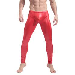 BaronHong Herren Kunstleder Enge Hose Mann Night Club Metallic Leggings Lange Hose(rot,M) von BaronHong