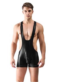 BaronHong Herren Mankini Body Singlet Leotard Racerback Glänzende Pu-Leder Boxershorts Wrestling Jumpsuit(schwarz,M) von BaronHong