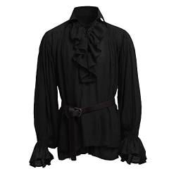 BaronHong Herren Piratenhemd Vampir Renaissance Viktorianisch Steampunk Gothic Rüschen Mittelalter Halloween Kostüm Kleidung(schwarz,2XL) von BaronHong