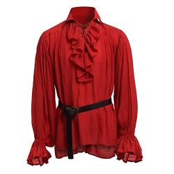 BaronHong Herren Piratenhemd Vampir Renaissance Viktorianisch Steampunk Gothic Rüschen Mittelalter Halloween Kostüm Kleidung (rot,3XL) von BaronHong