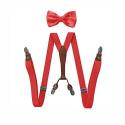 BaronHong Hosenträger-Fliege-Set für Damen und Herren, 2,5 cm breit, Y-Form mit 4 Clips, verstellbare Hosenträger für formelle Hochzeiten (rot, M) von BaronHong