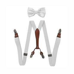 BaronHong Hosenträger-Fliegen-Set für Damen und Herren, 2,5 cm breit, Y-Form mit 4 Clips, verstellbare Hosenträger für formelle Hochzeiten (weiß, M) von BaronHong