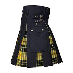 BaronHong Kilt für Herren, schottisches traditionelles Schottenkaro, Plissierte Schnallenriemen, Kostüm, Kilts mit Cargotaschen (Gelb-Schwarz, XL) von BaronHong