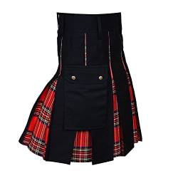 BaronHong Kilt für Herren, schottisches traditionelles Schottenkaro, Plissierte Schnallenriemen, Kostüm, Kilts mit Cargotaschen (rot-schwarz, 2XL) von BaronHong