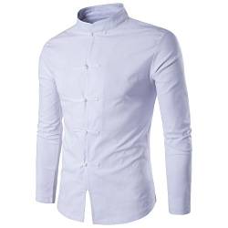 BaronHong Männer Chinesisch Tang Anzug Leinen Langarm Button Casual Shirt (weiß, M) von BaronHong