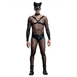 BaronHong Sexy Cat Man Herren-Dessous, durchsichtiges Netzstoff, Nachtwäsche, Rave-Party, Cosplay-Kostüme mit Schwanz (schwarz, Einheitsgröße) von BaronHong