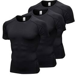 Barrageon Herren Kompressionsshirt 3Pcs Schnelltrocknendes Laufshirt Funktionsshirt Grundschicht Kurzarm Atmungsaktiv Elastisch Running（B-Schwarz-L-01） von Barrageon