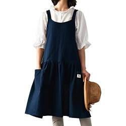 Barrageon Weiblich Küchenschürze Arbeitsschürze Lässig Baumwolle Leinen Schürze Garten Arbeit Kleid Backen Zuhause Küche Kochen Catering Kommerzielles Restaurant 2 Taschen（Navy Blau） von Barrageon