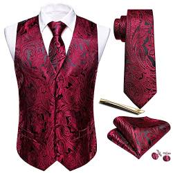 Barry.Wang Formelles Herren-Westen-Set, Paisleymuster, Krawatte, Taschentuch, Manschettenknöpfe, Anzug, Weste, Designer, 5 Stück, rot, XL von Barry.Wang