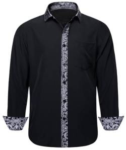 Barry.Wang Herren Hemd Kontrast Casual Formal Classic Button Down Kleid Shirt Langarm, schwarz/silberfarben, XL von Barry.Wang