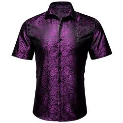 Barry.Wang Herren Kurzarm Hemd Satin Mode Formal Button Up Hochzeit Party Kleid Shirts Kurzarm, deep purple, M von Barry.Wang
