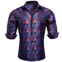 Barry.Wang Herren Paisley Bequemer Schnitt für große und große Männer Hemd Seide Business Hochzeit Freizeithemd für Männer Blau S-3XL von Barry.Wang