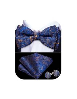 Barry.Wang Herren Paisley Seide Vorgebundene Fliege Set Einstecktuch und Manschettenknöpfe für Hochzeiten und formelle Veranstaltungen, blaue blume, Einheitsgröße von Barry.Wang