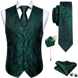 Barry.Wang Herren Paisley V-Ausschnitt Anzug Weste Formal/Freizeit Seide Jacquard Weste Krawatte Set 5 Stück, Grün-schwarzes Paisleymuster, Medium von Barry.Wang