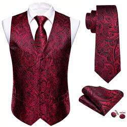 Barry.Wang Herren Paisleymuster Blume Jacquard Seide V-Ausschnitt Anzug Weste und Krawatte Einstecktuch Manschettenknöpfe für Hochzeit Smoking Abschlussball, Rotes Paisley, M von Barry.Wang