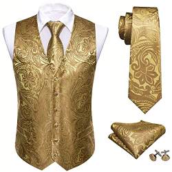 Barry.Wang Herren Paisleymuster Blume Jacquard Seide V-Ausschnitt Anzug Weste und Krawatte Einstecktuch Manschettenknöpfe für Hochzeit Smoking Abschlussball, gold, XL von Barry.Wang