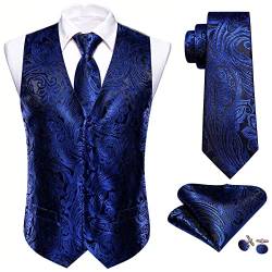 Barry.Wang Herren Paisleymuster Blume Jacquard Seide V-Ausschnitt Anzug Weste und Krawatte Einstecktuch Manschettenknöpfe für Hochzeit Smoking Abschlussball, marineblau, L von Barry.Wang