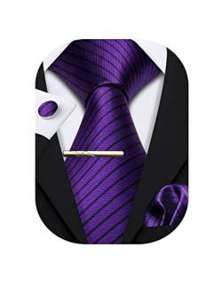 Barry.Wang Herren Seiden-Geschäftskrawatten mit Taschentuch Manschettenknopf-Streifen Plaid-Krawatten-Set Feierliche Hochzeit (Dunkelviolett Purple) von Barry.Wang