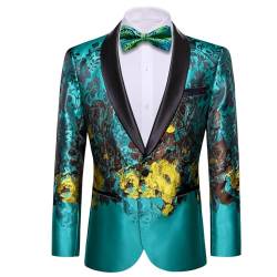 Barry.Wang Herren Smoking Blazer Luxus Paisley Stickerei Casual Jacke Revers Einknopf Hochzeit Business Mantel, Grün-Gold-Tintenmalerei, XL von Barry.Wang