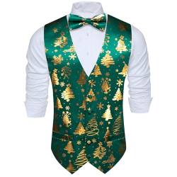 Barry.Wang Herren Weste Krawatte Anzug Urlaub Weihnachten Business Bowtie Kleid Weste V-Ausschnitt Party Schneeflocke Weihnachten Baum Xmas Kostüme, Grün fluoreszierendes Gold, XXL von Barry.Wang