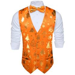 Barry.Wang Herren Weste Krawatte Anzug Urlaub Weihnachten Business Bowtie Kleid Weste V-Ausschnitt Party Schneeflocke Weihnachten Baum Xmas Kostüme, Orange Gold, XXXL von Barry.Wang