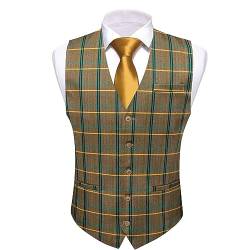 Barry.Wang Herren formale Fischgrätenweste Plaid Freizeit V-Ausschnitt Slim Fit Weste für Party Abschlussball Hochzeit, A-braunes und gelbes Karomuster, XXX-Large von Barry.Wang