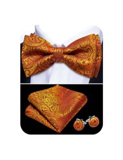 Barry.Wang Herren vorgebundene Fliege Set Paisley Seide Krawatte Einstecktuch Manschettenknöpfe für Hochzeit Party Formal, Orange, Einheitsgröße von Barry.Wang