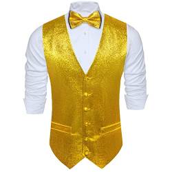 Barry.Wang Männer Westen/Pre Gebunden Bowtie Business Reine Farbe Glänzend Klassische Hochzeit Party Prom Mode für Männer Weste, Bright Gold, XL von Barry.Wang