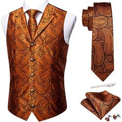 Barry.Wang Paisley Herren Taillierter Kragen Anzug Weste formell/Freizeit Seide Jacquard Weste Krawattenklammer Set Hochzeit Party, Orange/Abendrot im Zickzackmuster (Sunset Chevron), XX-Large von Barry.Wang