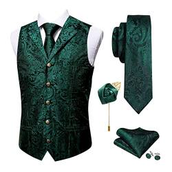 Barry.Wang Paisley Herren Taillierter Kragenanzug Weste Formal/Freizeit Seide Jacquard Weste Krawattenklammer Set Hochzeit Party, Dark Green, Large von Barry.Wang