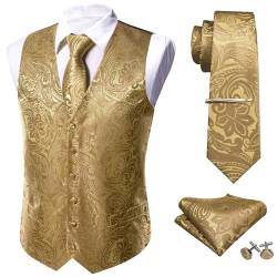 Barry.Wang formelle Herren Weste Set Paisley Krawatte Einstecktuch Manschettenknöpfe Clip Anzug Weste Designer 5-teilig Gr. L, gold von Barry.Wang