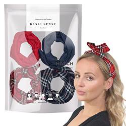 BasicSense Haarband-Set für Mädchen, Frauen, biegsame Hasenohren, Karomuster und einfarbig, 4 Stück von Basic Sense