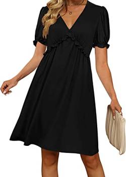 Basicspace Damen Freizeitkleid Sommer Kurzer Puffärmel V-Ausschnitt Schwarz Swing Knielang Babydoll Kleid(M,Schwarz) von Basicspace