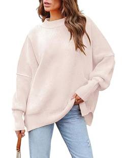 Basicspace Damen Pullover Casual Oversized Rundhals Fledermaus Langarm Strickpullover Locker Warme Herbst Winter Rippstrick Aprikose Sweater Tops(M,hellesBeige) von Basicspace