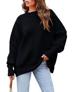 Basicspace Damen Pullover Lässig Übergroß Rundhals Fledermaus Langarm Strickpullover Lose Warme Herbst Winter Rippstrick Schwarz Sweater Oberteile(L,Schwarz) von Basicspace