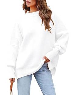 Basicspace Damen Pullover Lässig Übergroß Rundhals Fledermaus Langarm Strickpullover Lose Warme Herbst Winter Rippstrick Weiß Sweater Oberteile(L,HellesWeiß) von Basicspace