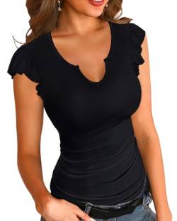 Basicspace Damen Ruffle Shirt V-Ausschnitt/Rundhalsausschnitt Kurzarm Gerippt Casual T Shirt Fitted Top Sommer Schwarz Tops(Schwarz,M) von Basicspace
