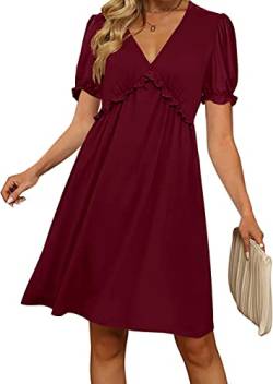 Basicspace Damen Sommerkleid Kurzarm Tunika Kleider Lose Swing Ruffle Weinrot A Linie Oversized Kleid(XXL,Weinrot) von Basicspace