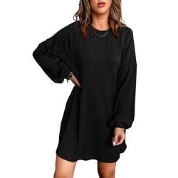 Basicspace Einfarbiges Schwarzes Stricken Kleid Damen Langarmkleid Elegantes Kleid mit Taschen Puffärmel Jumper Damen(S,Schwarz) von Basicspace