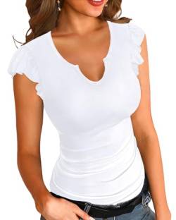 Basicspace Sommer Damen Shirt Ruffle Kurzarm V-Ausschnitt/Rundhalsausschnitt Gerippt Casual T Shirt Fitted Bluse Weiß Shirt（Weiß，L von Basicspace