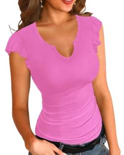 Basicspasce Damen Casual V-Ausschnitt Shirt Gerippte Rüschen Manschetten Kurzarm Slim Sommer T Shirt Basic Sommer Süße Rosa Tops（ Rosa ，L） von Basicspace