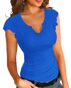 Basicspasce Damen Rundhalsausschnitt V-Ausschnitt Shirt Casual Slim Ruffle Cuffs Soft Stretch Elegant Sommer Gerippt Blau Top (Blau, XXL) von Basicspace