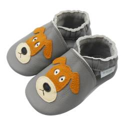 Basrakids Krabbelschuhe Baby Lauflernschuhe Lederpuschen Baby Hausschuhe Kinder Junge Mädchen- Weiche Leder Babyschuhe mit Rutschfesten Wildledersohlen (Grau+Hund, 18/19EU) von Basrakids