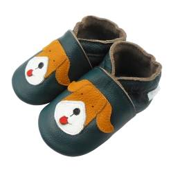 Basrakids Krabbelschuhe Baby Lauflernschuhe Lederpuschen Baby Hausschuhe Kinder Junge Mädchen- Weiche Leder Babyschuhe mit Rutschfesten Wildledersohlen (Marineblau+Hund, 18/19EU) von Basrakids