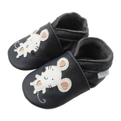 Basrakids Krabbelschuhe Baby Lauflernschuhe Lederpuschen Baby Hausschuhe Kinder Junge Mädchen- Weiche Leder Babyschuhe mit Rutschfesten Wildledersohlen (Schwarz+Weiß Maus, 18/19EU) von Basrakids