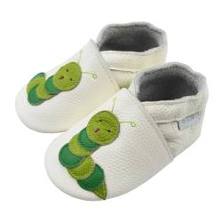 Basrakids Krabbelschuhe Baby Lauflernschuhe Lederpuschen Baby Hausschuhe Kinder Junge Mädchen- Weiche Leder Babyschuhe mit Rutschfesten Wildledersohlen (Weiß+Grün Raupe, 20/21EU) von Basrakids